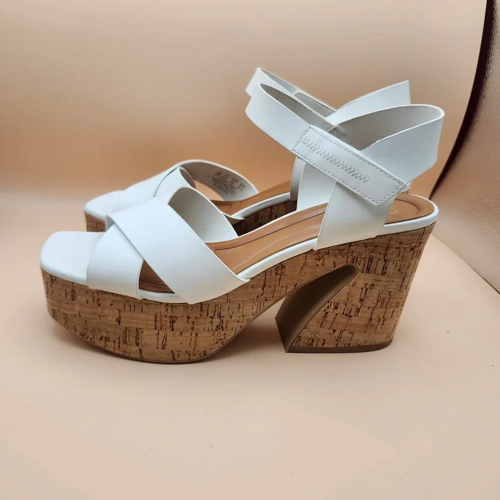 Sarto by Franco Sarto Donati White‎ Leather Cork Platform Block Heel Sandals 9M